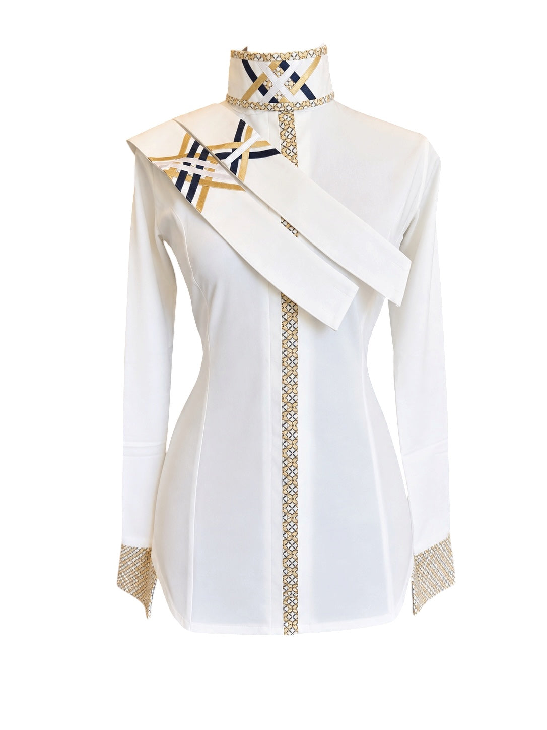 English Show Shirt White “Stretch” Hidden Zipper Navy with Gold