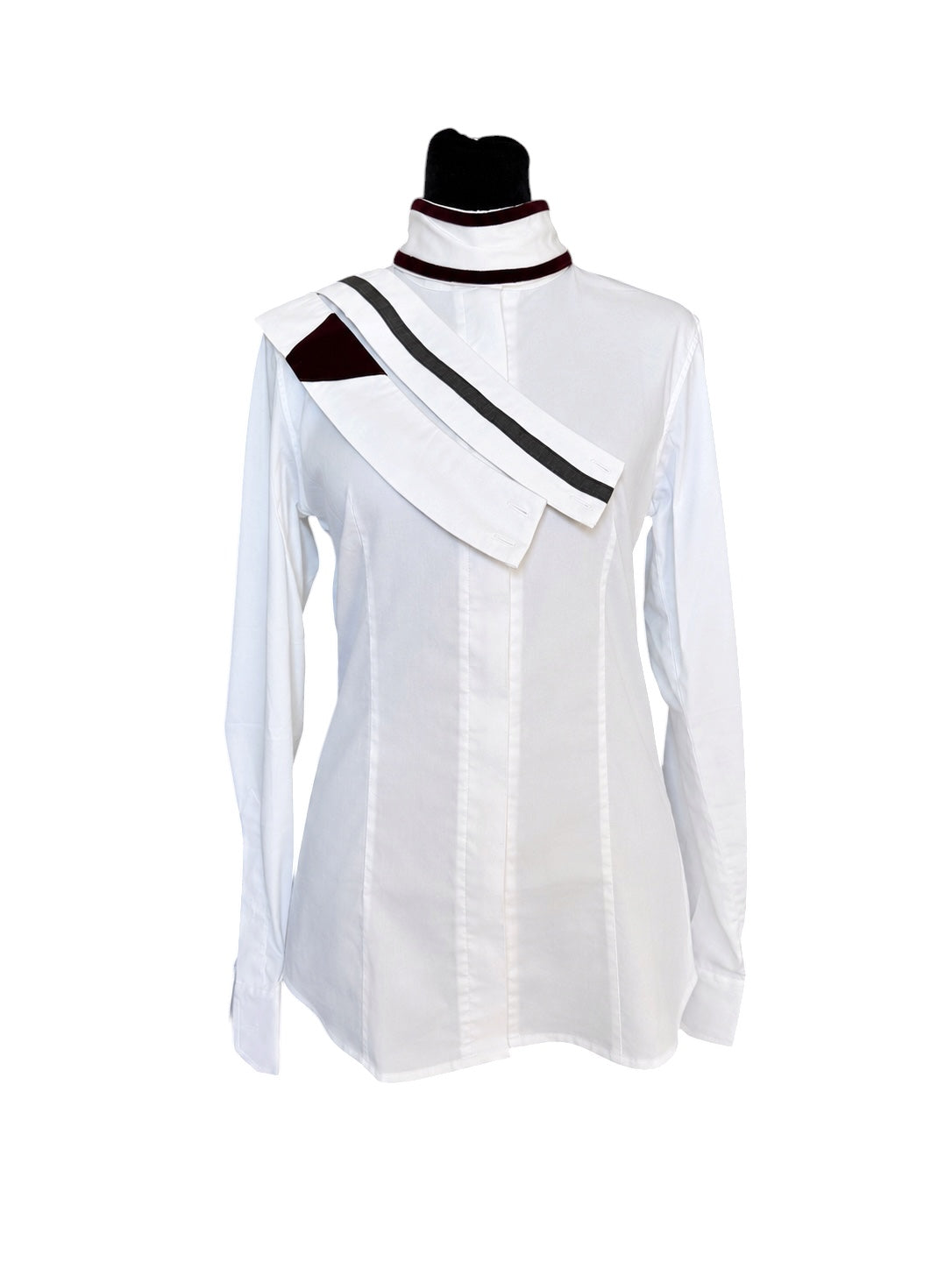 English show shirt stretch”hidden zipper” burgundy velvet accents