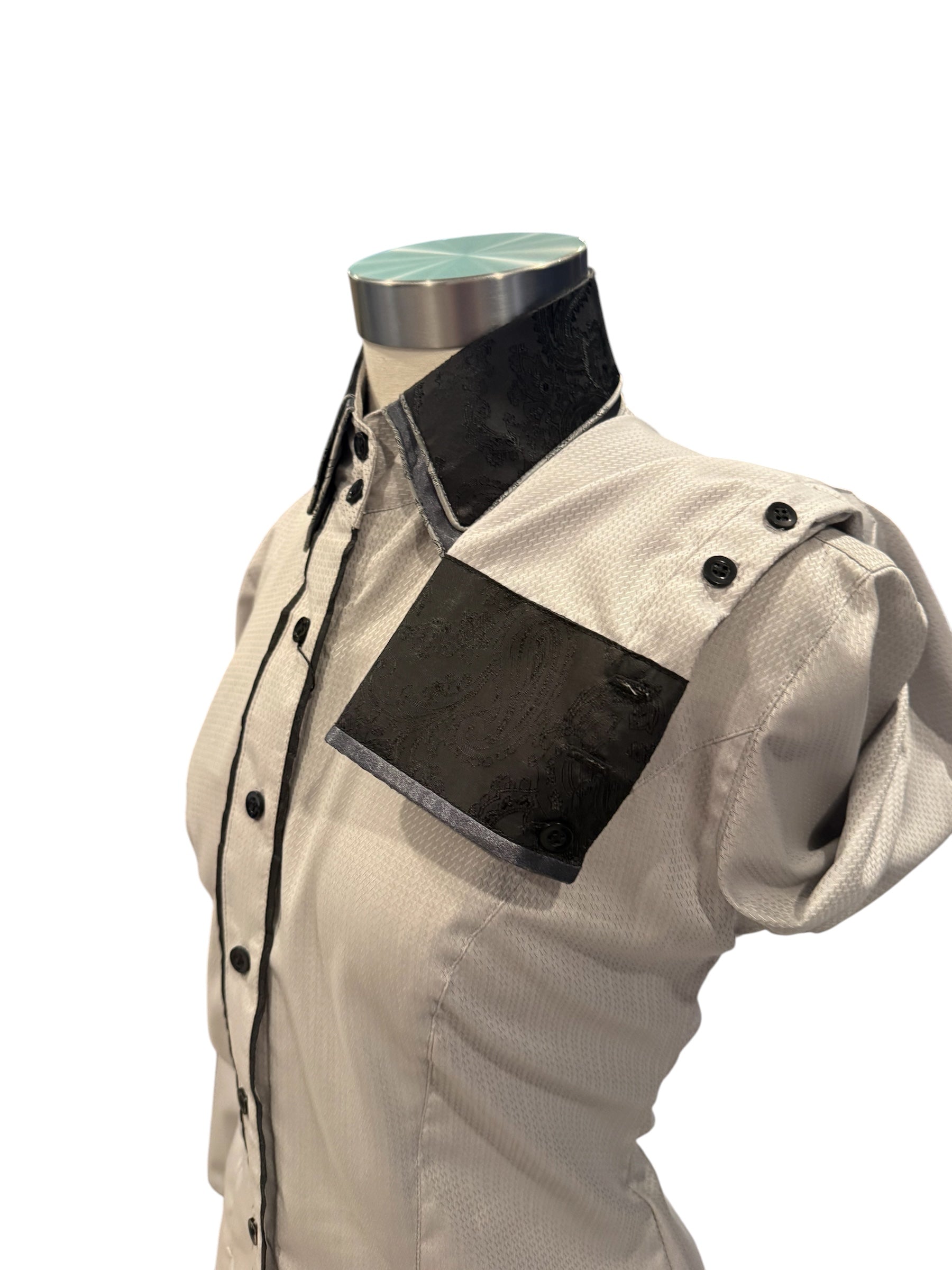 Western Button Up Light Grey with Black and grey accents “with hidden zipper”