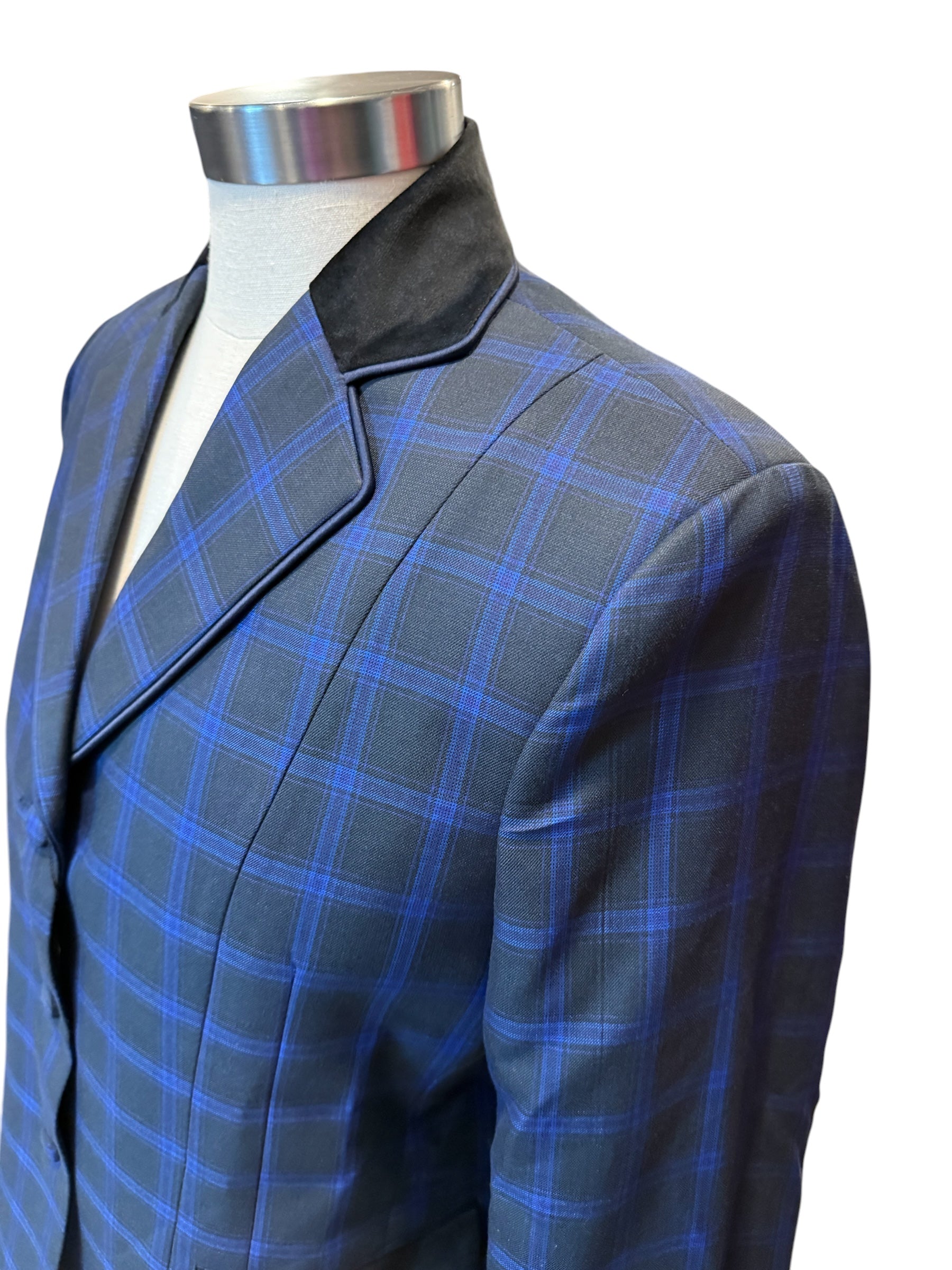 English Show coat The Conneaut Black with Blue Plaid “Hidden Zipper”