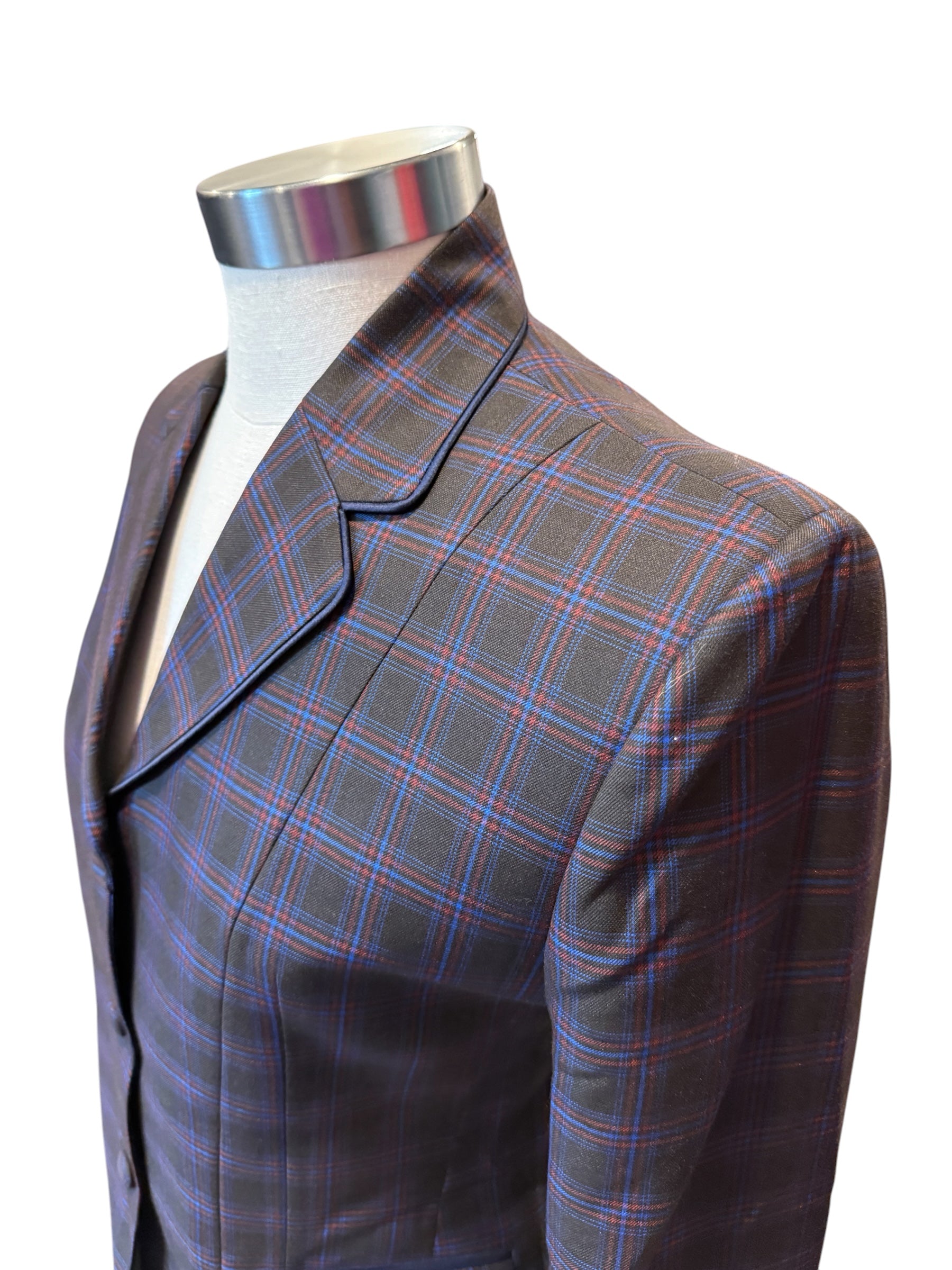 English Show Coat The Milford Bladk with burgundy and blue plaid “Hidden Zipper”
