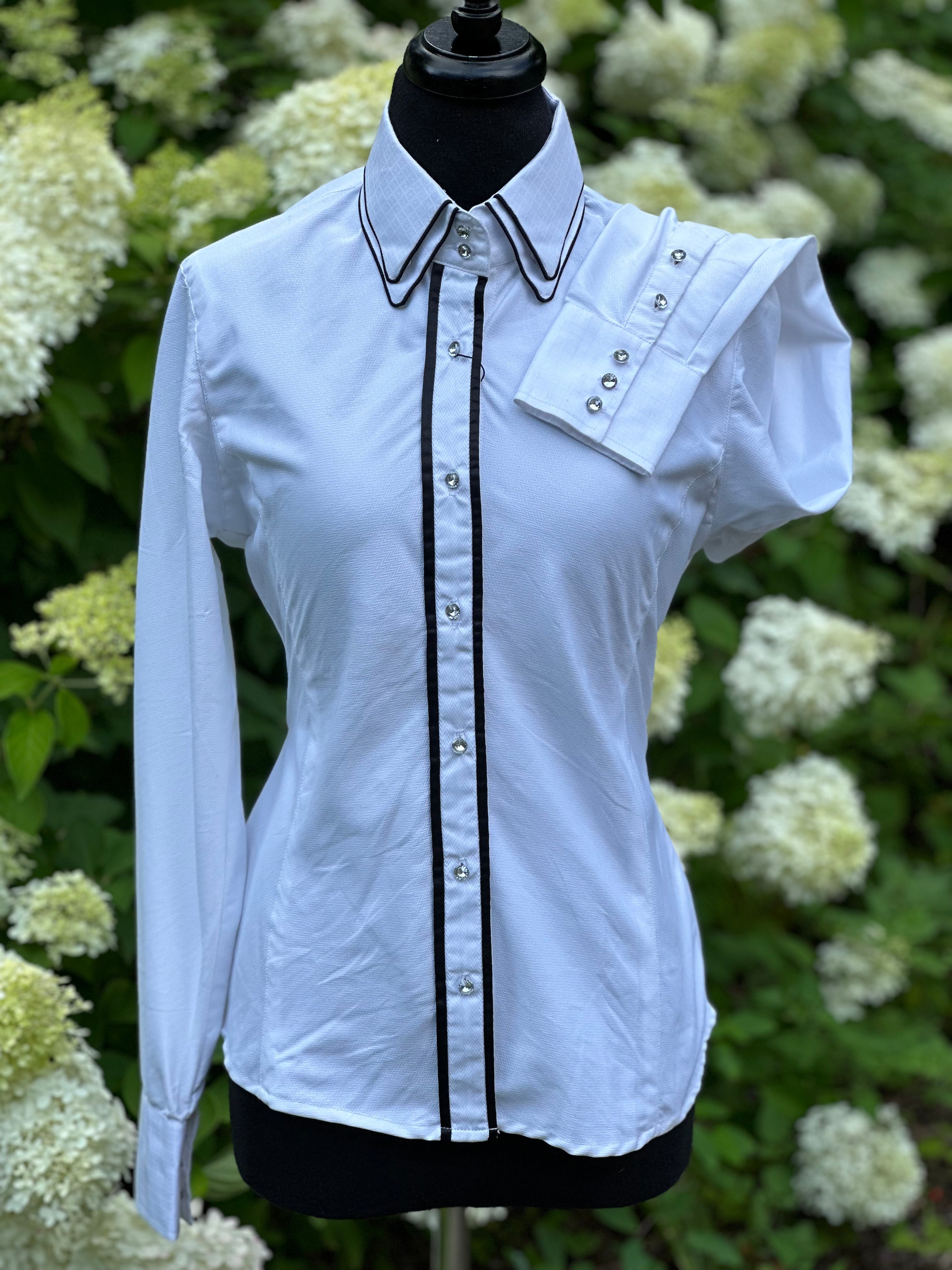 Western Button Up White with black and Crystal Buttons no