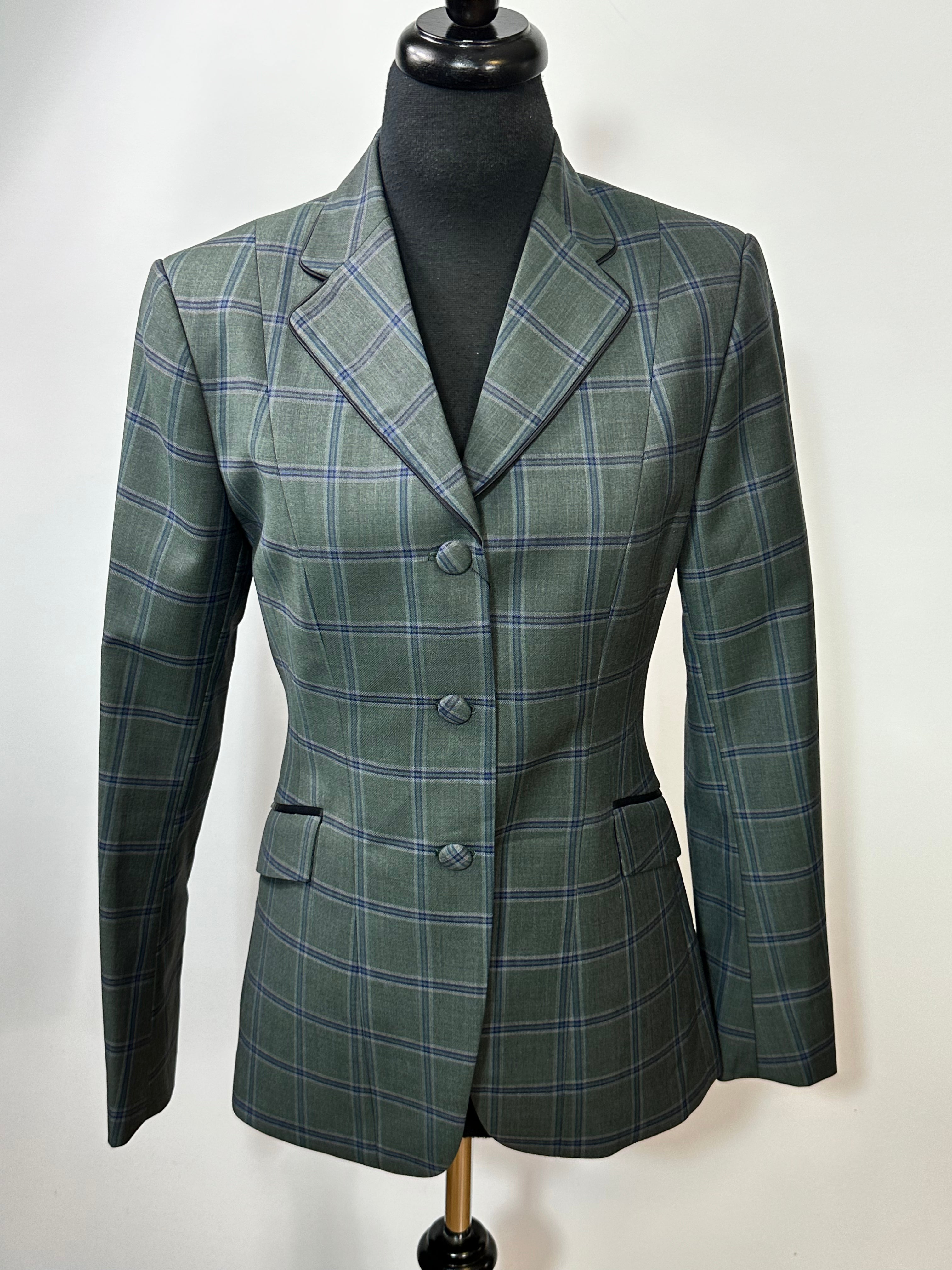 English Show Coat Green with Blue Windowpane Plaid Fabric Code CAR701181