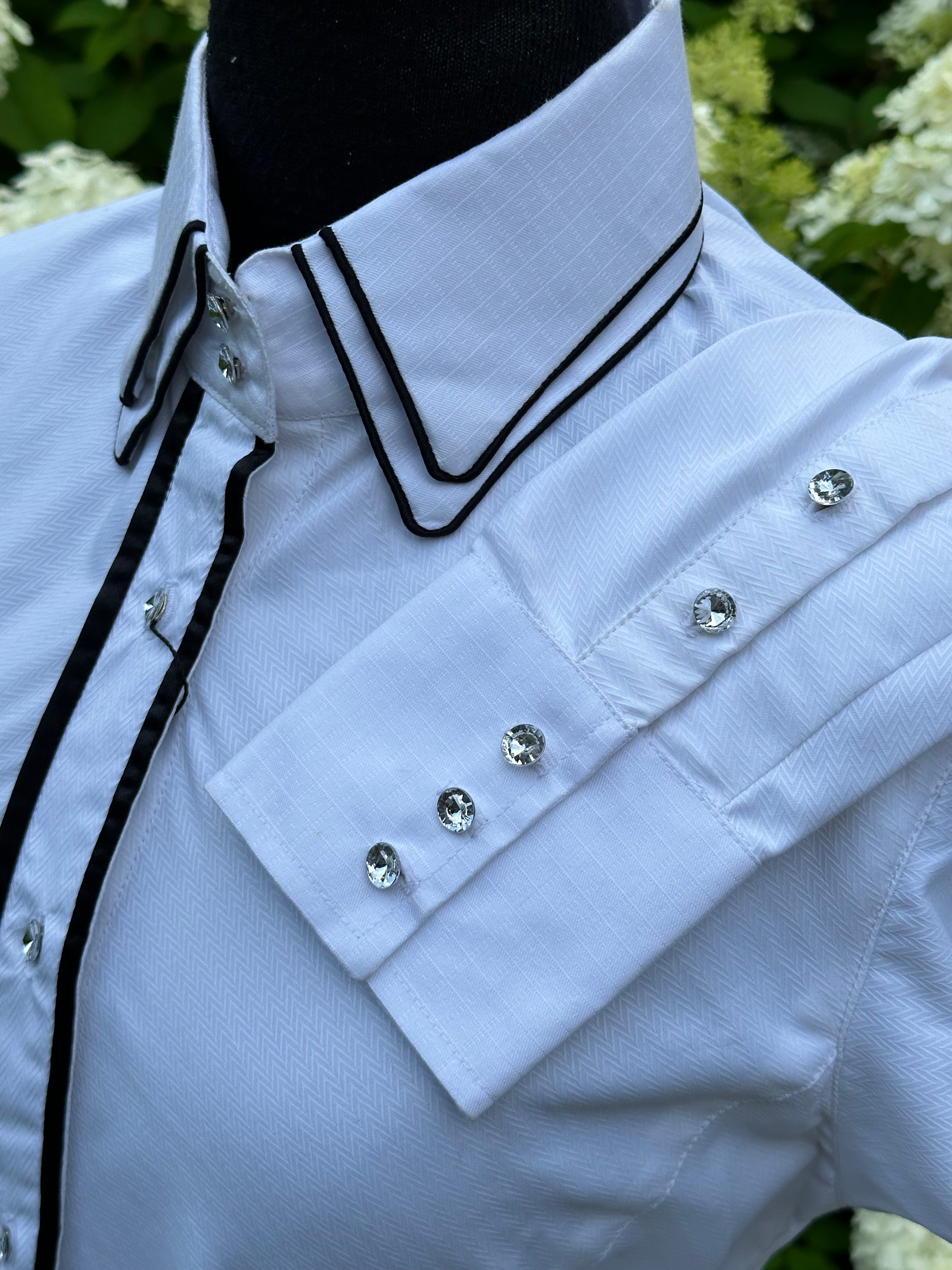 Western Button Up White with black and Crystal Buttons no
