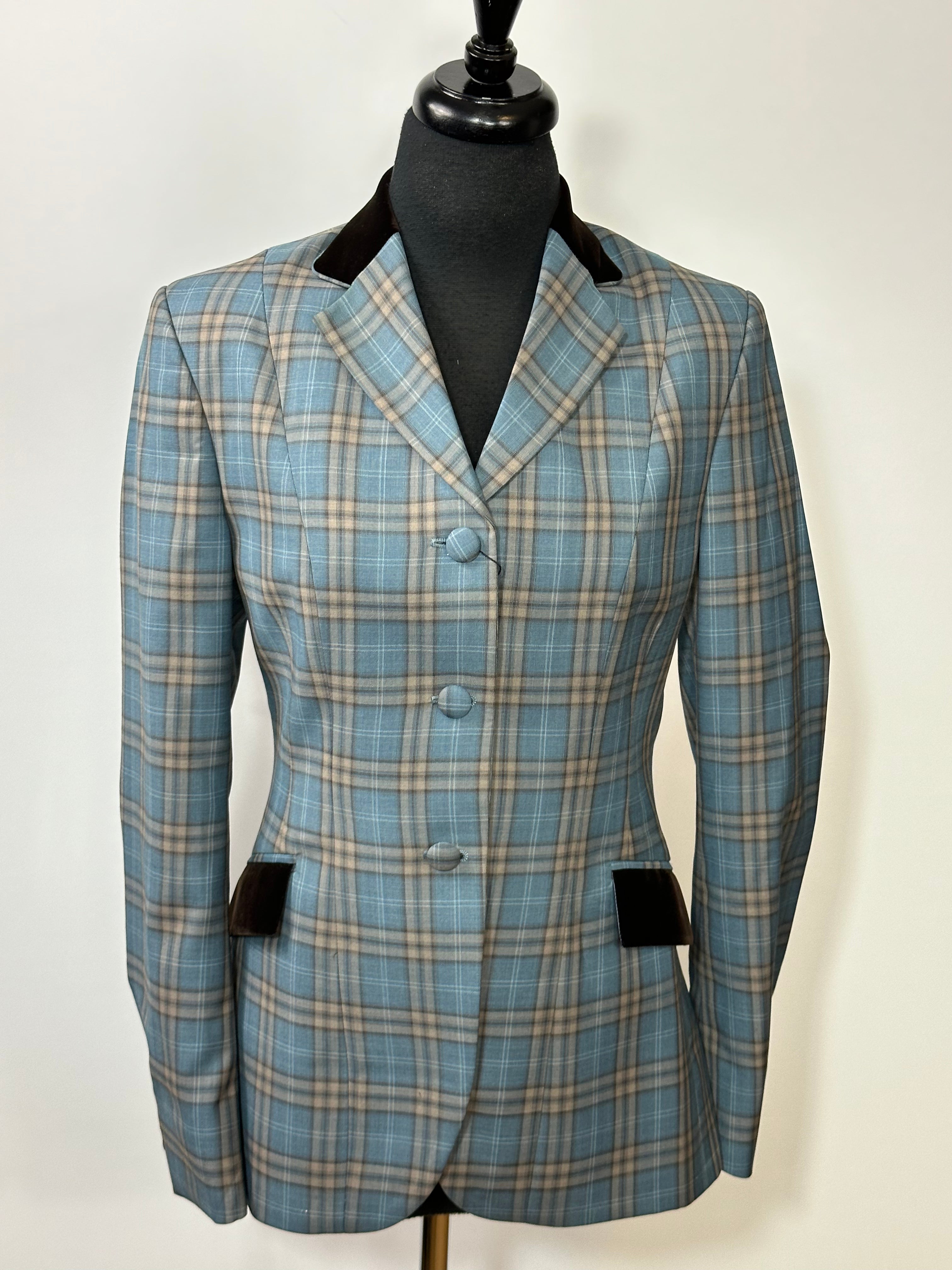English Show Coat Teal Blue Brown Plaid Fabric Code CAR701078