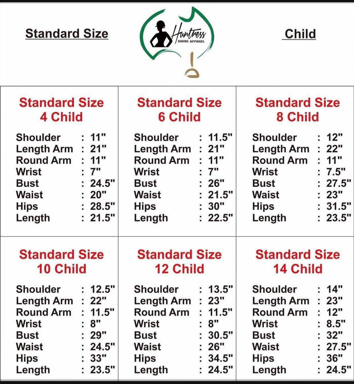 Size Chart/ Custom Info / Policies Huntress Riding Apparel